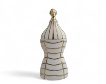 Pot en porcelaine Cathy Specht Art avec figurine en or représentant une tête de femme, objet de collection de créateur français