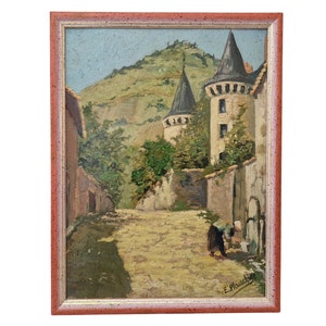 French Chateau Oil Painting by Edouard Plauchier with Laundry Washer, Antique Country Wall Art Decor image 1