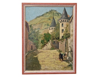 French Chateau Oil Painting by Edouard Plauchier with Laundry Washer, Antique Country Wall Art Decor