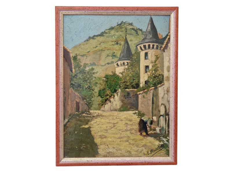 French Chateau Oil Painting by Edouard Plauchier with Laundry Washer, Antique Country Wall Art Decor image 1