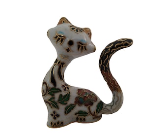 Vintage Chinese Cloisonne Cat Figurine, Collectible Enamel Brass Animal Figure