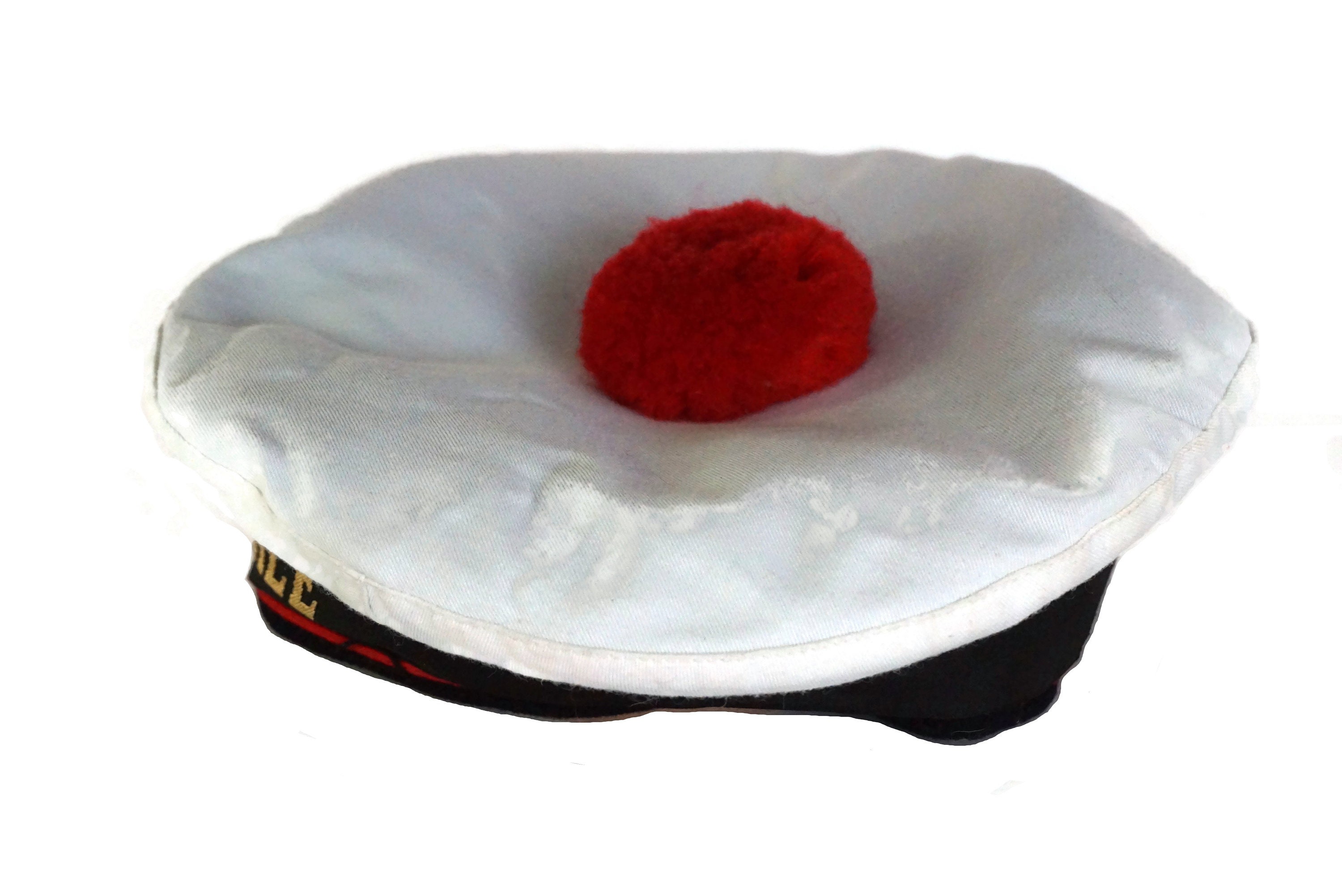 Vintage French Warship Sailor Beret, National Navy Hat with Red Pompom, Nautical Decor