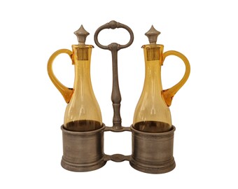 French Pewter Oil and Vinegar Set with Brown Glass Bottles, Salad Dressing Cruet Set with Cradle