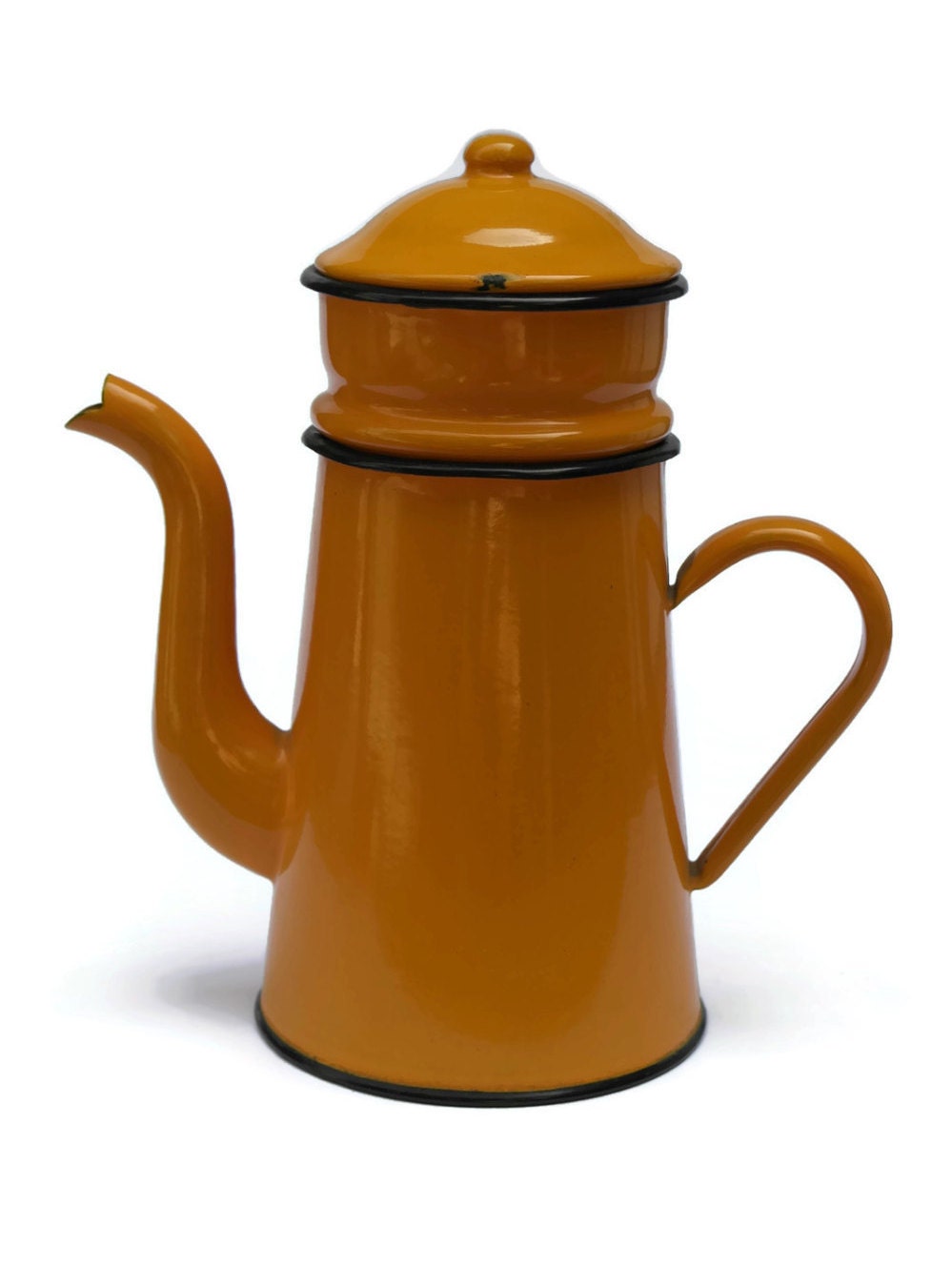 French Enamel Coffee Pot. Shabby French Coffee Biggin. Orange