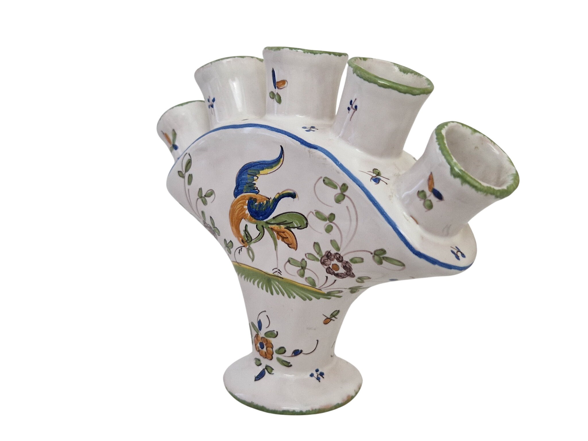 French Moustiers Ceramic Tulip Vase, Hand Painted Pottery Flower Holder