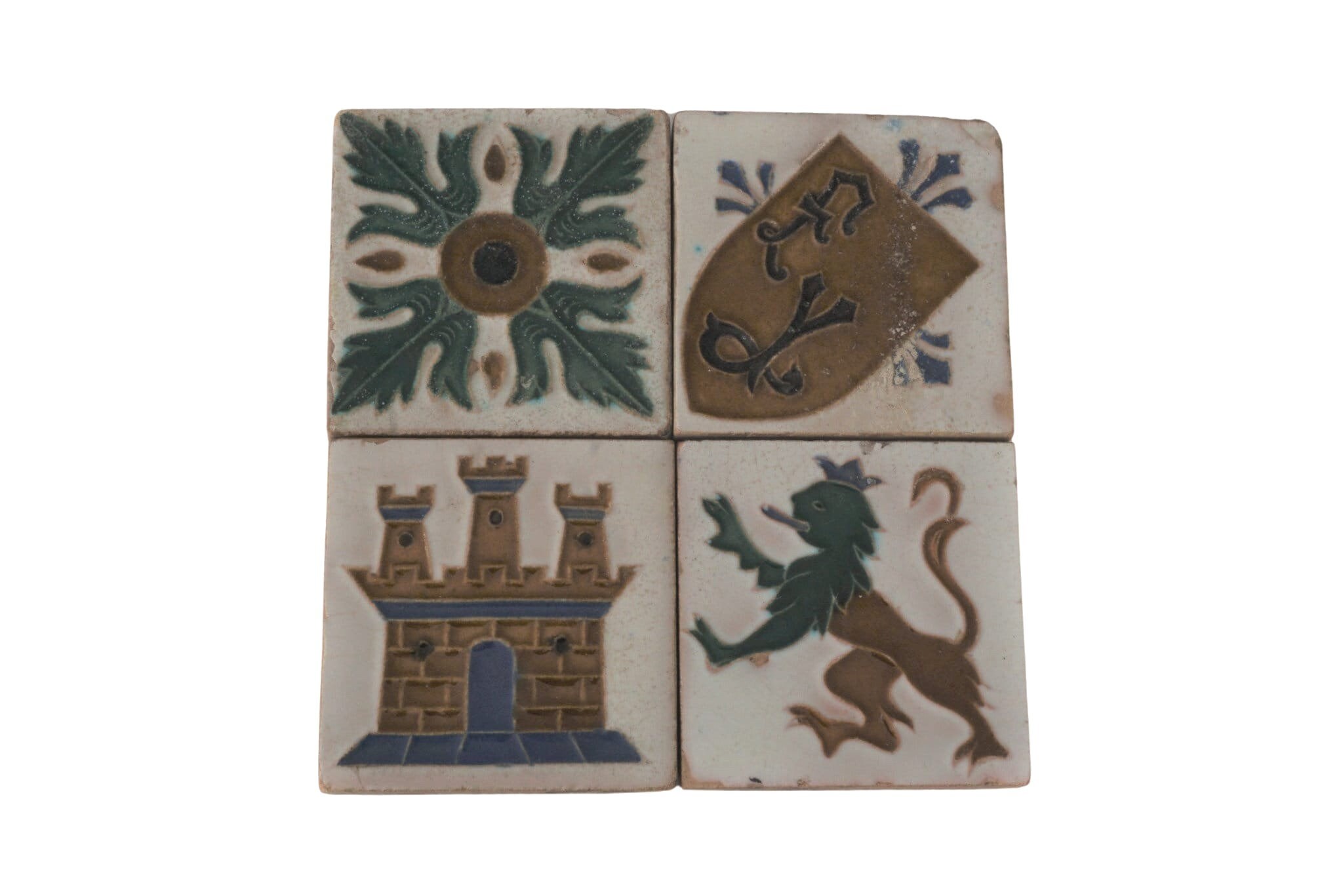 Carreaux de Céramique Espagnols Ensemble 4 Par Mensaque Rodríguez Y Cía, Style Antique Peint à La Ma
