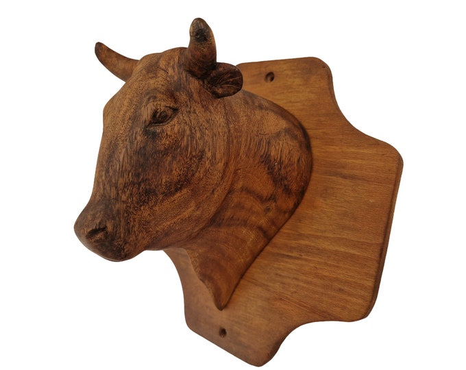 1950s Hand Carved Wood Bull Head Trophy, Mid Century French Butchery Cow Wall Hanging