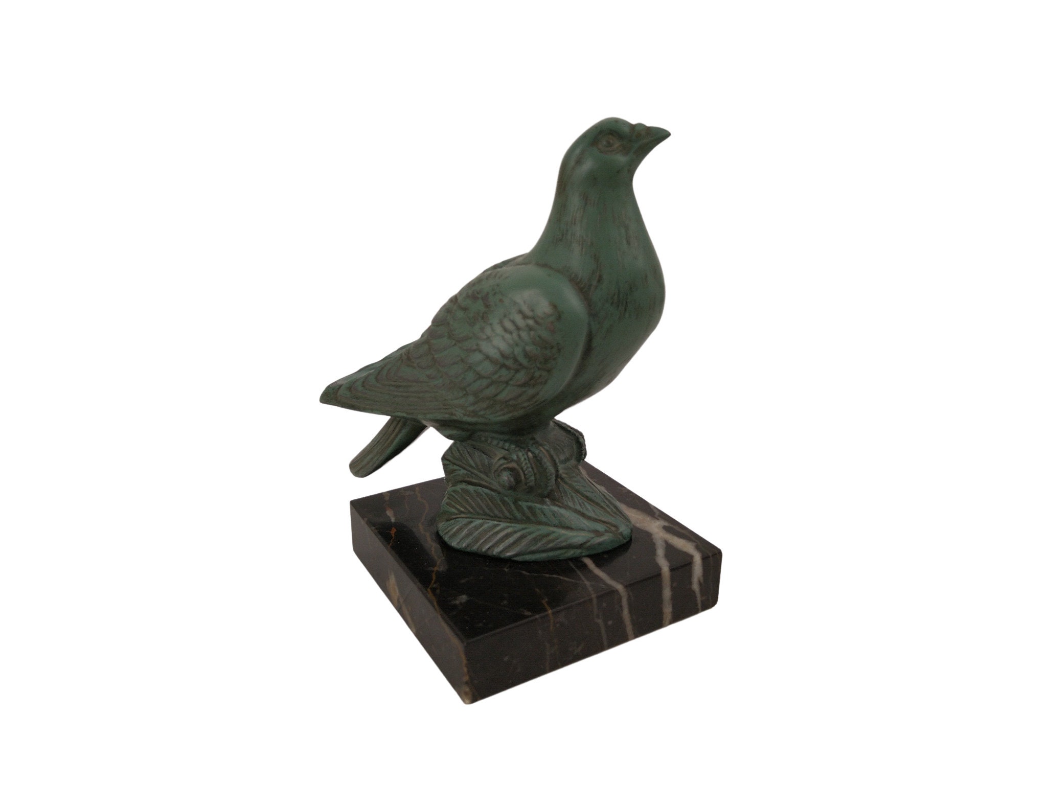 statue de Pigeon Art Déco sur Base Marbre, Trophée Français Bird Racing Des Années 1930
