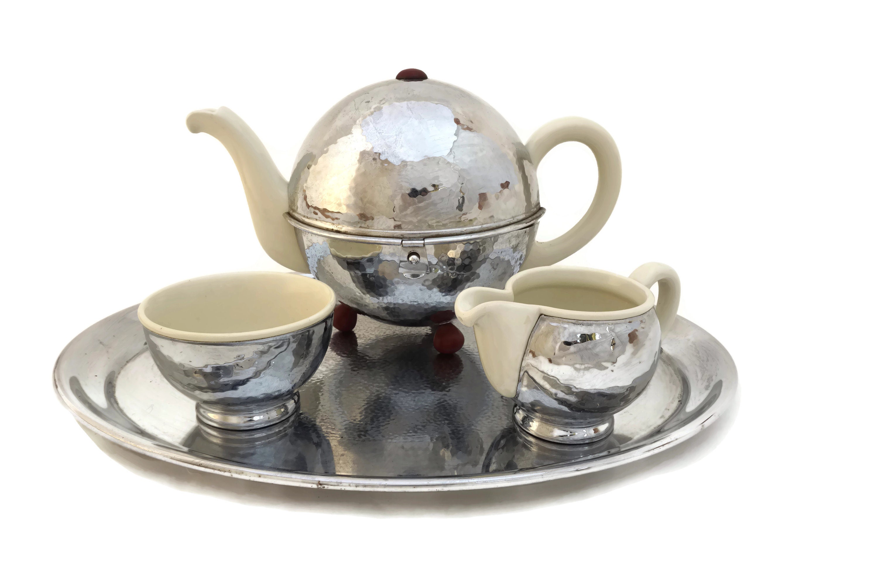 Bauhaus Design Tea Set by WMF, Art Deco Silver Tone Teapot, Sugar Bowl and Creamer with Serving Tray