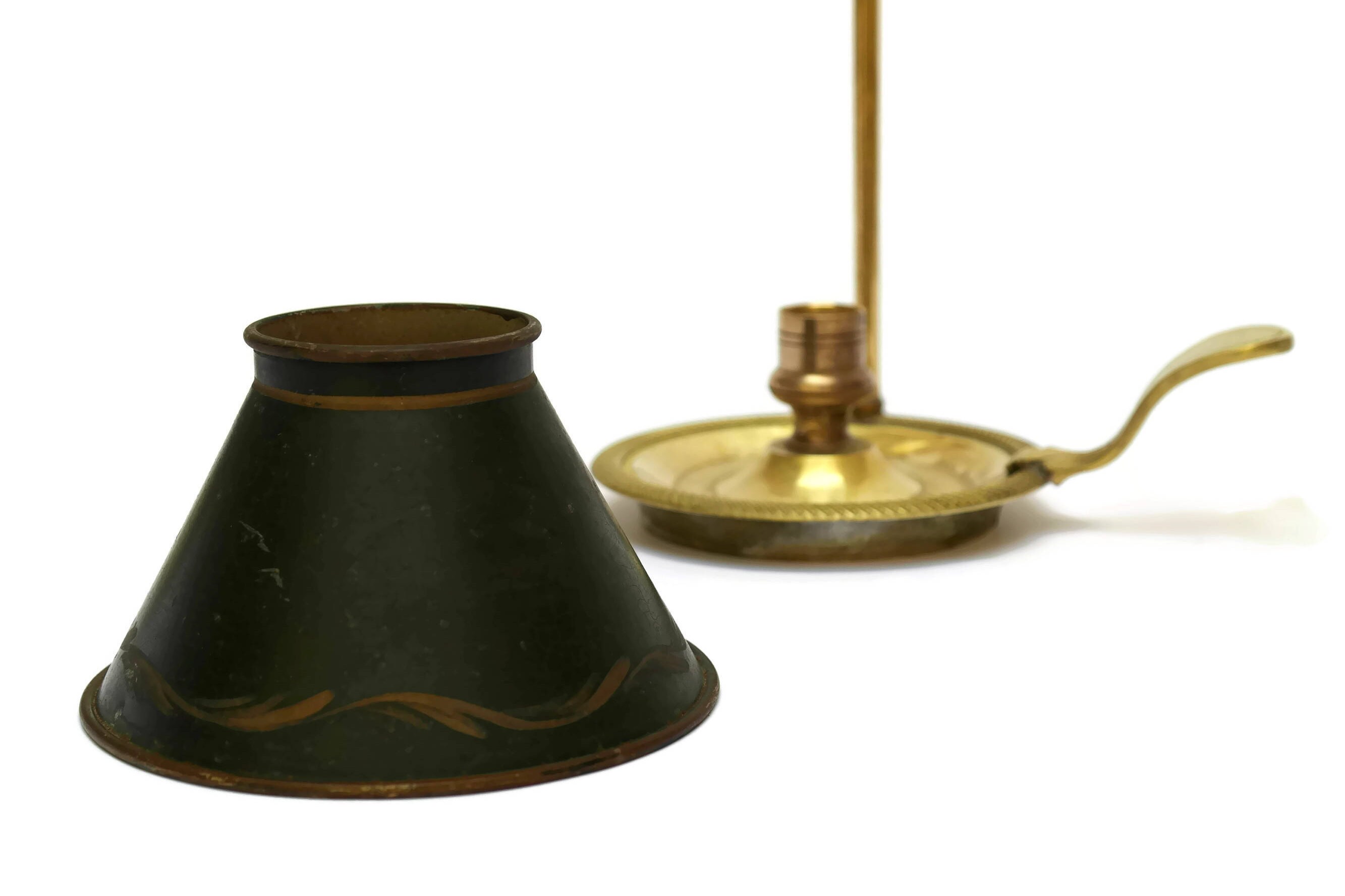 French Vintage Brass Single Arm Bouillotte Lamp with Hand Painted Tole