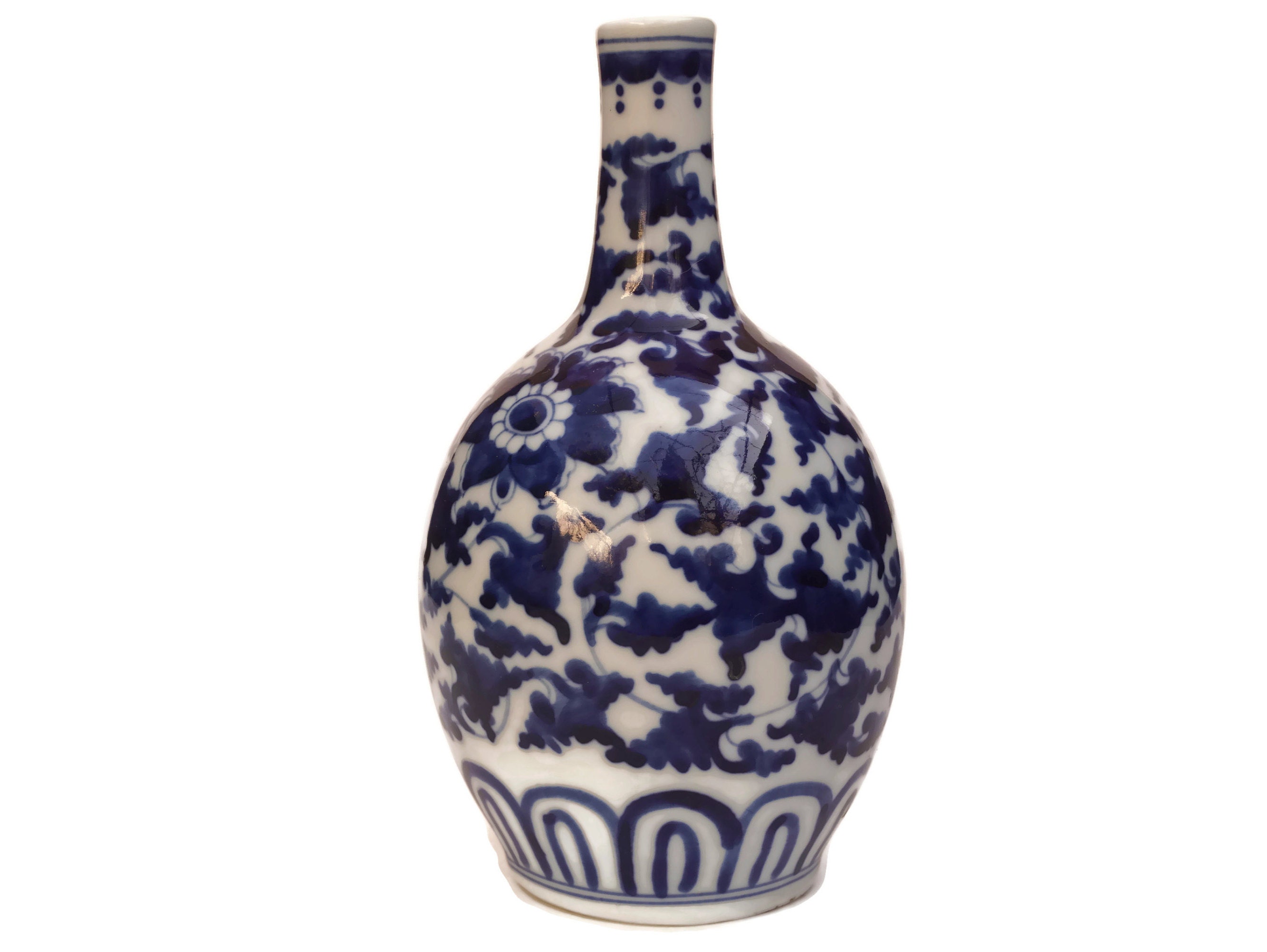 Vintage Japanese Tokkuri Sake Bottle, Hand Painted Blue and White