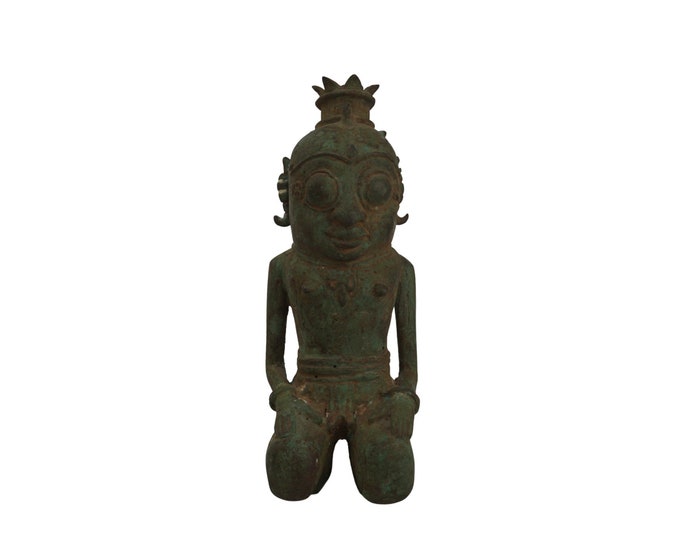 Primitive Bronze Indonesian King Statuette, Antique Kneeling Javanese Ancestor Statue