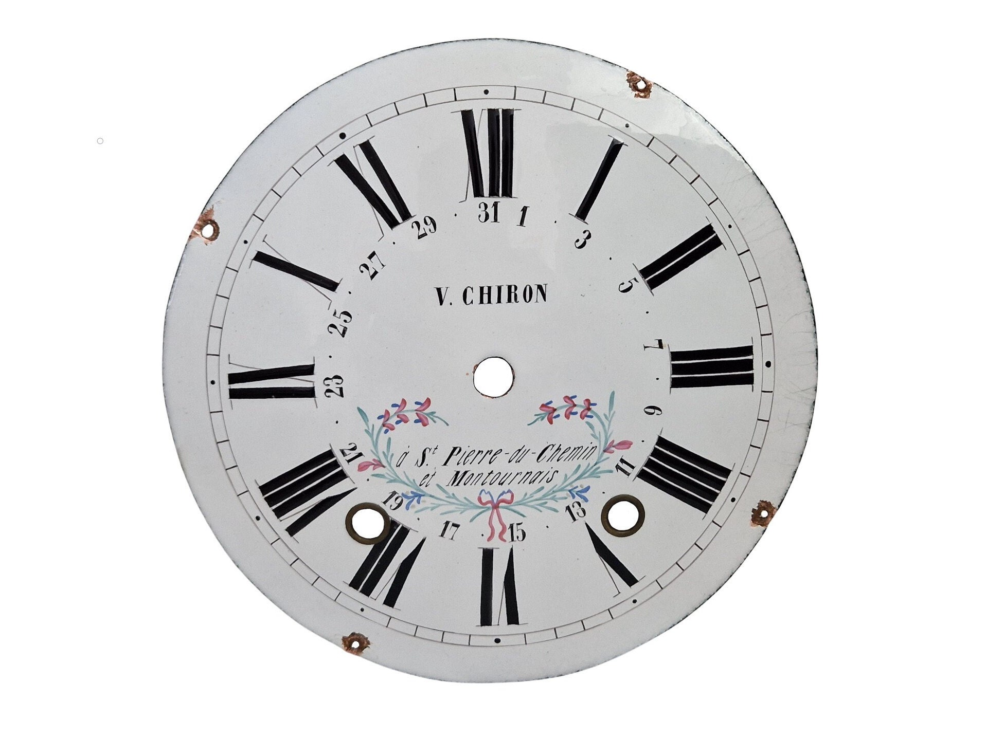 Antique French Enamel Clock Face Dial with Hand Painted Flowers, Roman