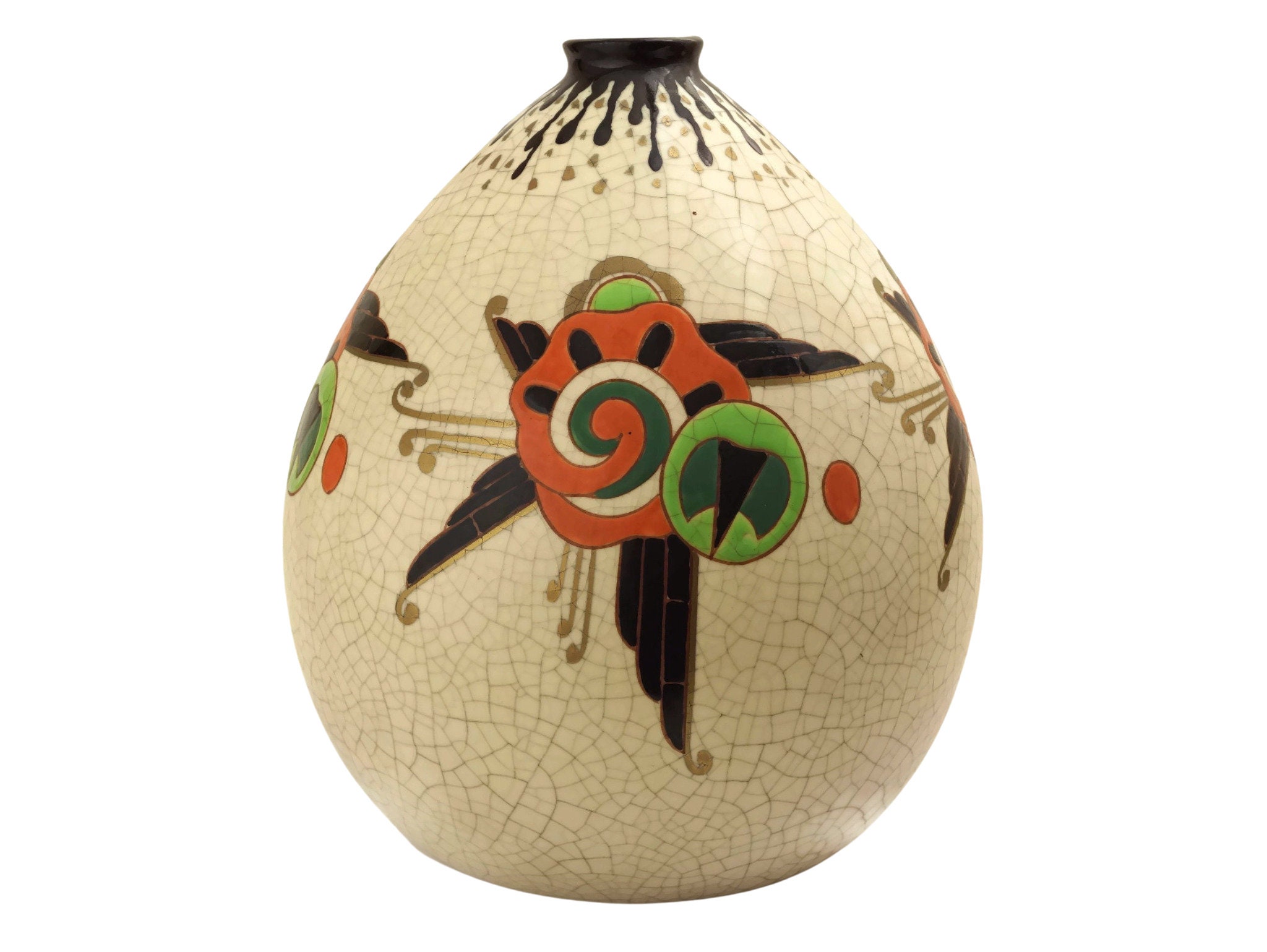 Orchies Céramique Art Déco Vase avec Fleurs en Émail, Années 1920 Français Studio Poterie, Pot Ovoïd