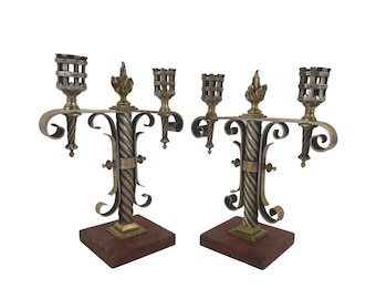 French Antique Gothic Bronze Candelabra Pair, 19th Century 2 Branch Candlestick Holders