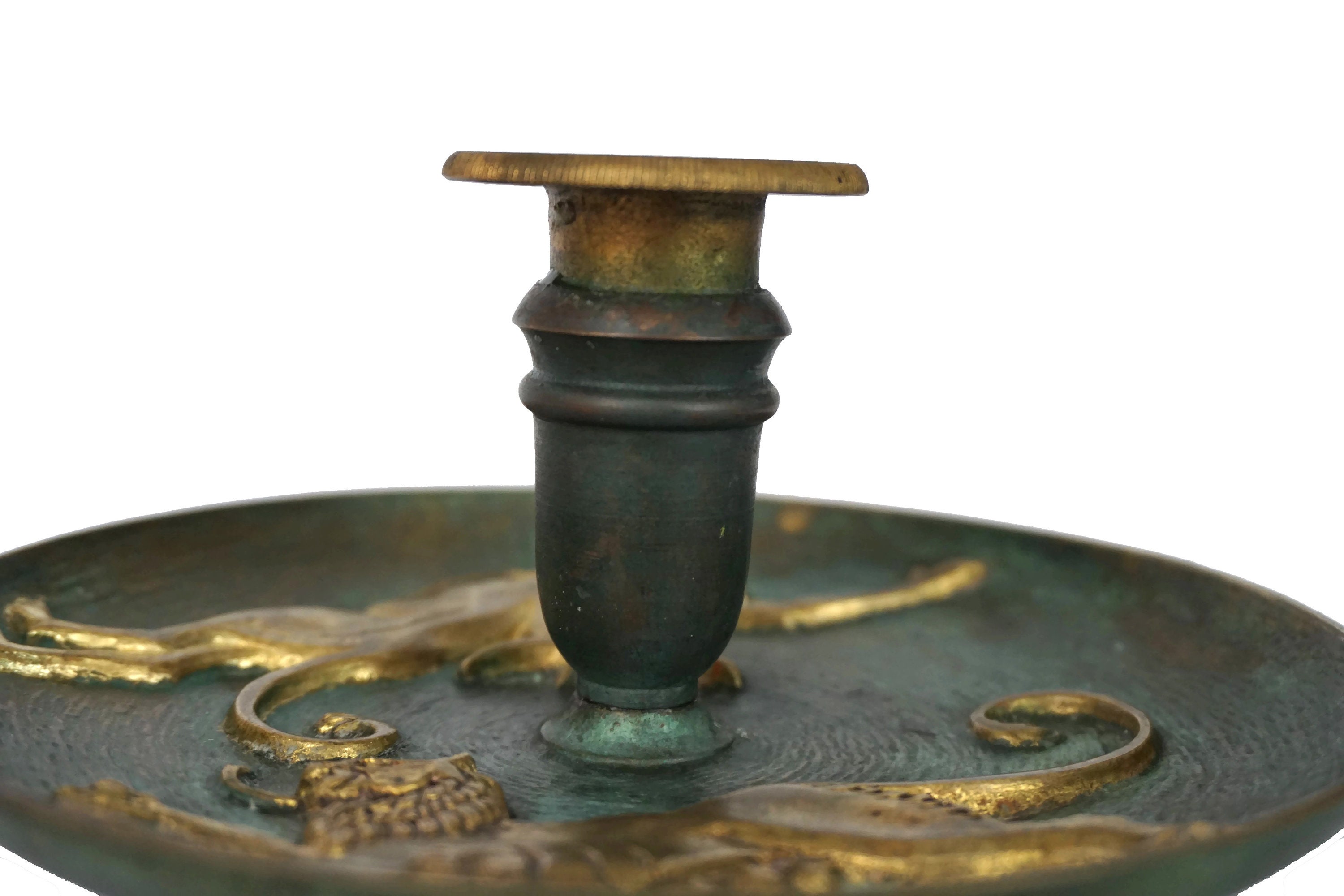 French Brass Candlestick Holder with Lion and Antelope Figures, Candle