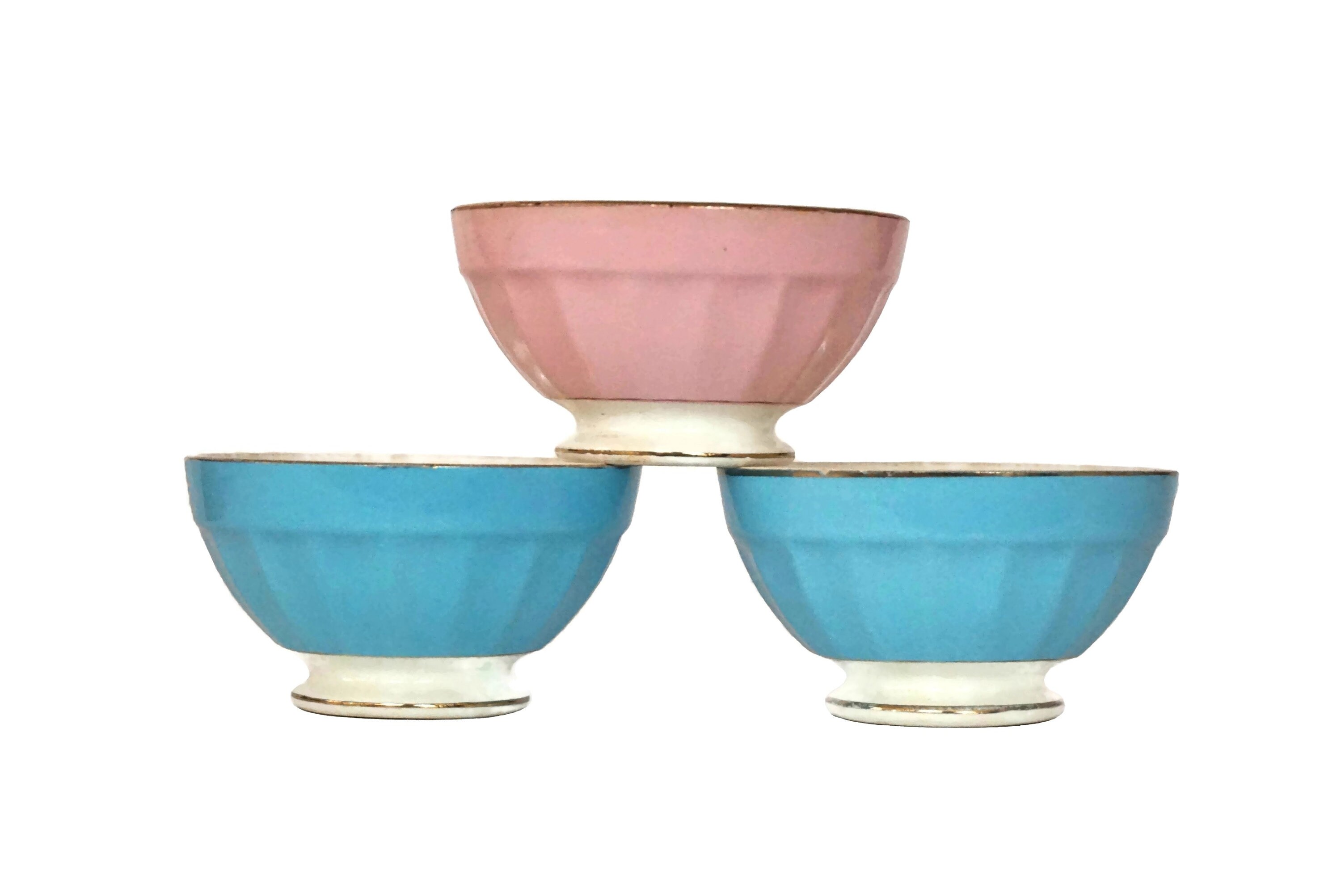 French Latte Coffee Bowl Set of 3, Antique Pastel Porcelain Ceramic Dishes