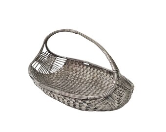 Vintage Woven Silver Metal Bread Basket, French 1950s Table Centerpiece Fruit Bowl