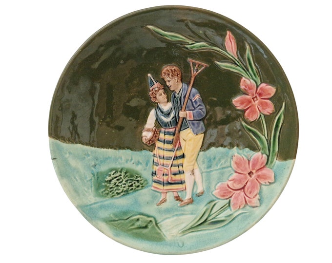 Bavarian Majolica Plate with Couple in Folk Costumes, Art nouveau Ceramic Wall Decor