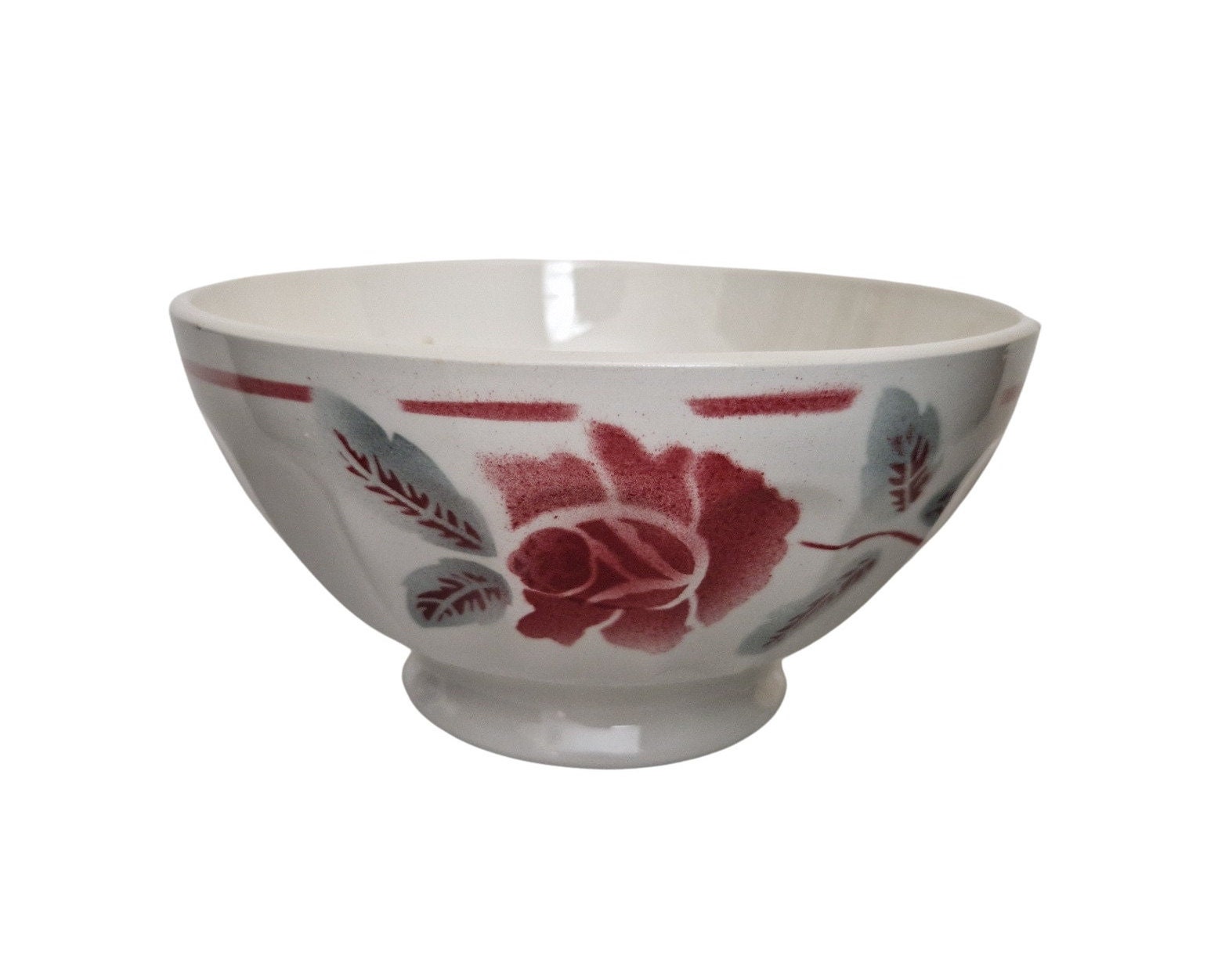Large French Latte Coffee Bowl with Rose, Mid Century Ceramic Cafe au