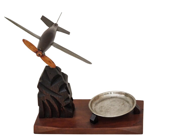 Deco Model Airplane Desk Sculpture, French Aviation Statuette Signed Anthoine for Art Bois