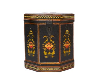 Anglo Indian Paper Mache Box, Antique Folk Art Hand Painted Octagonal Asian Storage Canister
