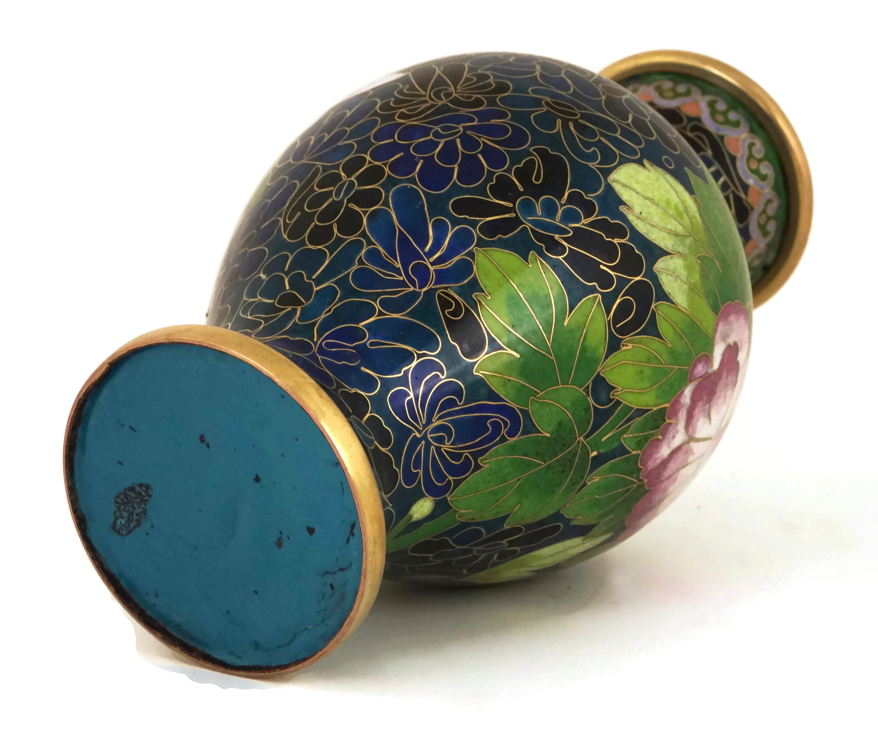 Vintage Cloisonne Vase with Peonies, Turquoise Blue Enamel and Brass