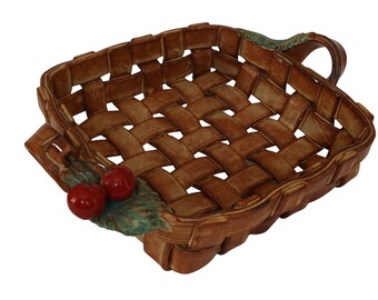 French Pottery Basket Weave Fruit Bowl with Cherries and Leaves, Ceramic Table Centerpiece
