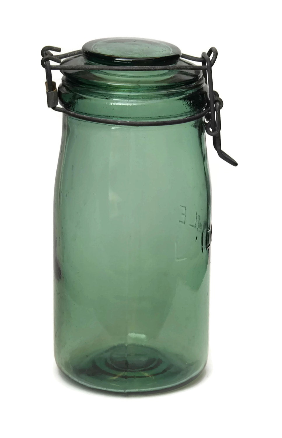 Vintage French Green Glass Canning Jar. L'Ideale Glass Preserving Bottle. French Country Decor.