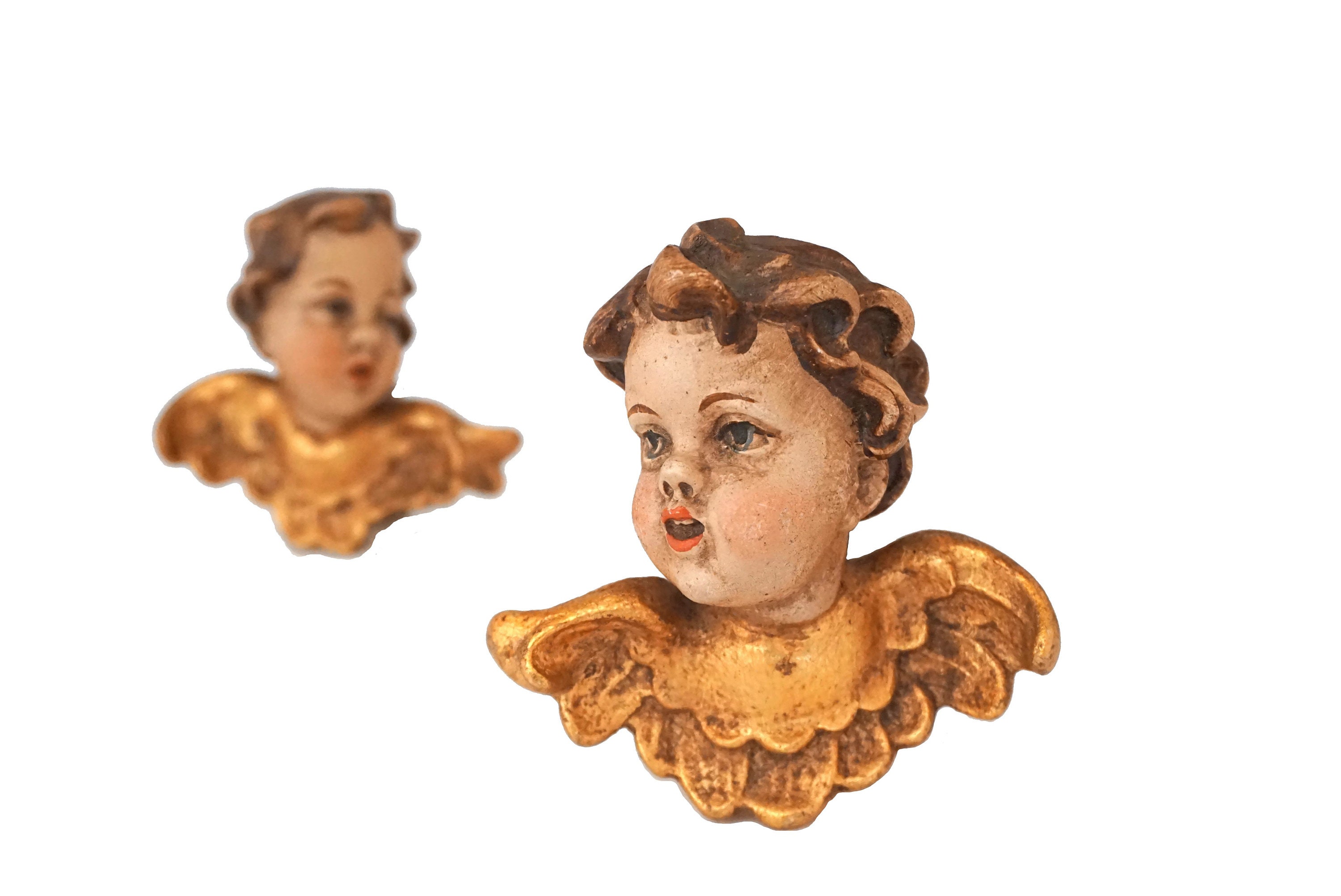 Hand Carved Cherub Putti Head Figurines, German Wooden Christmas Angel