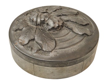 Vintage French Pewter Jewelry Box with Chestnuts and Leaves, Signed Metal Trinket Dish