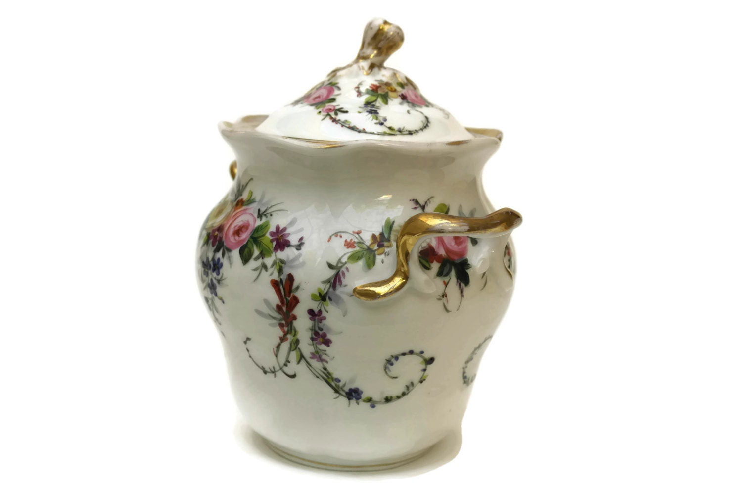 French Antique Sugar Canister. 19th Century Hand Painted Porcelain