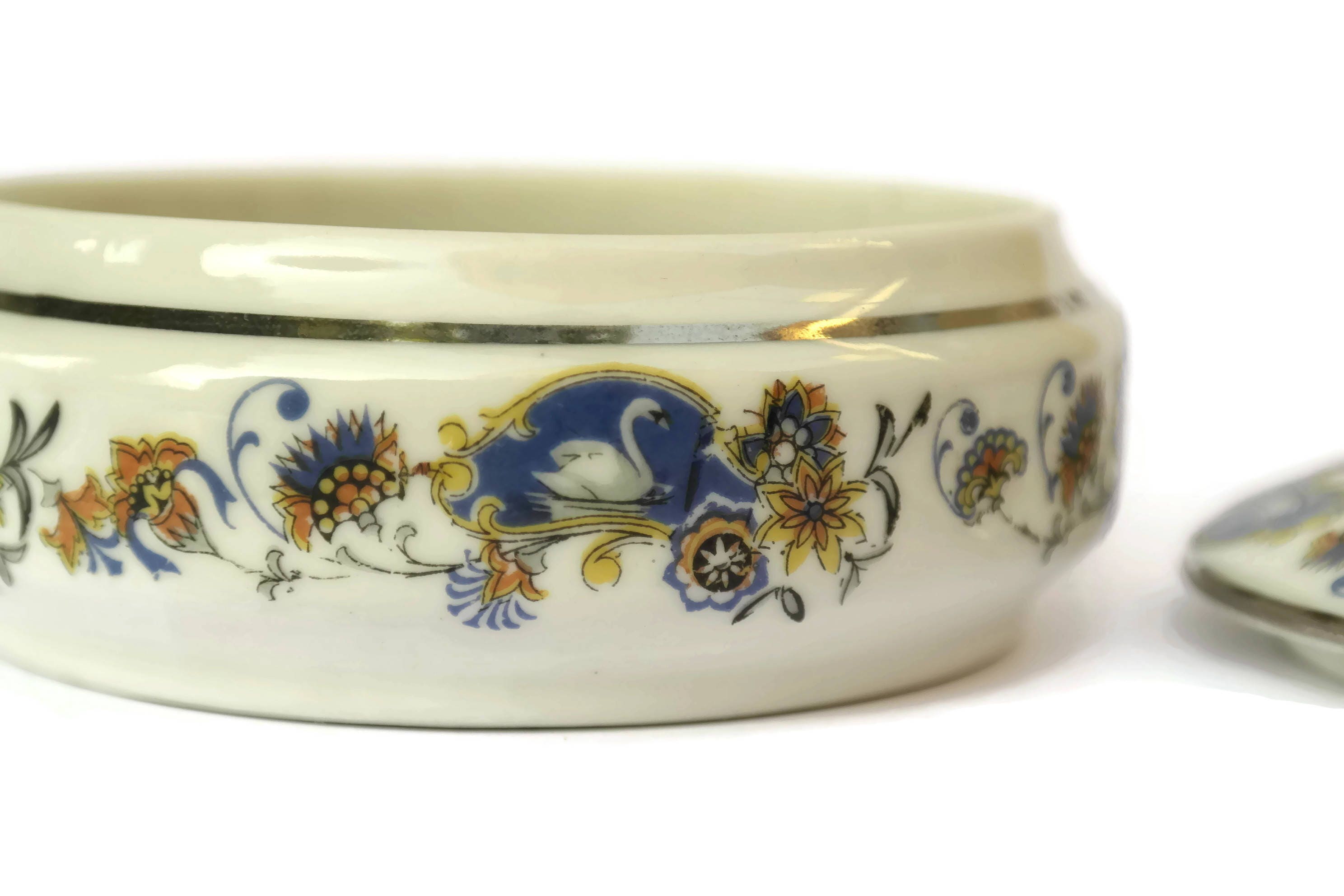 Limoges Porcelain Trinket Dish with Flowers and Swans. French Vintage