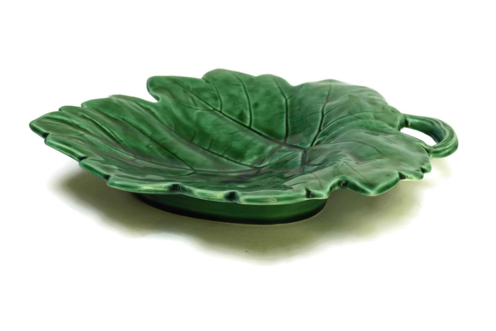 Antique French Grape Serving Dish, Green Majolica Leaf Plate