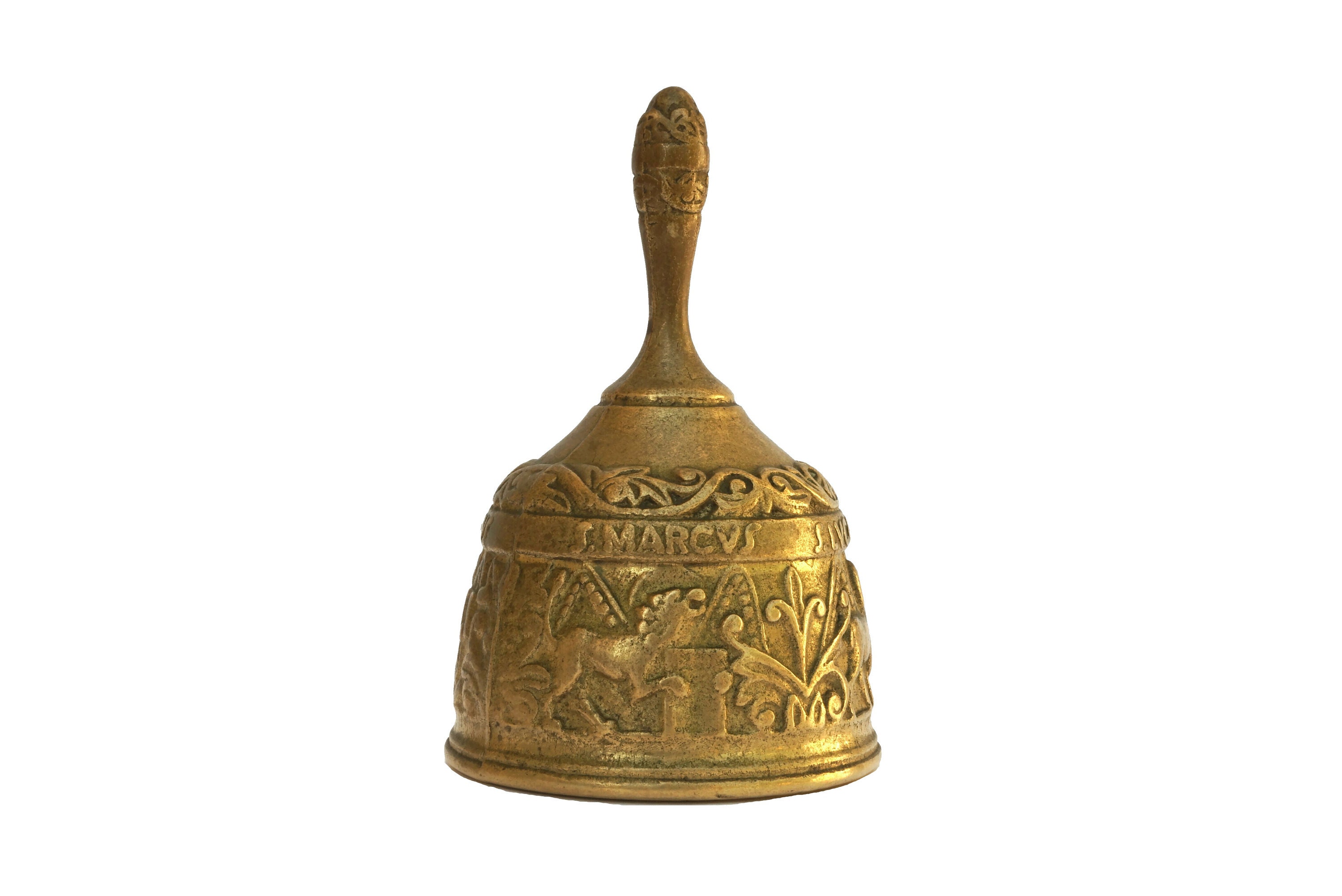 Vintage Brass Sanctus Table Bell avec Évangélistes, Français Saints Chrétiens Jean, Marc, Luc et Mat