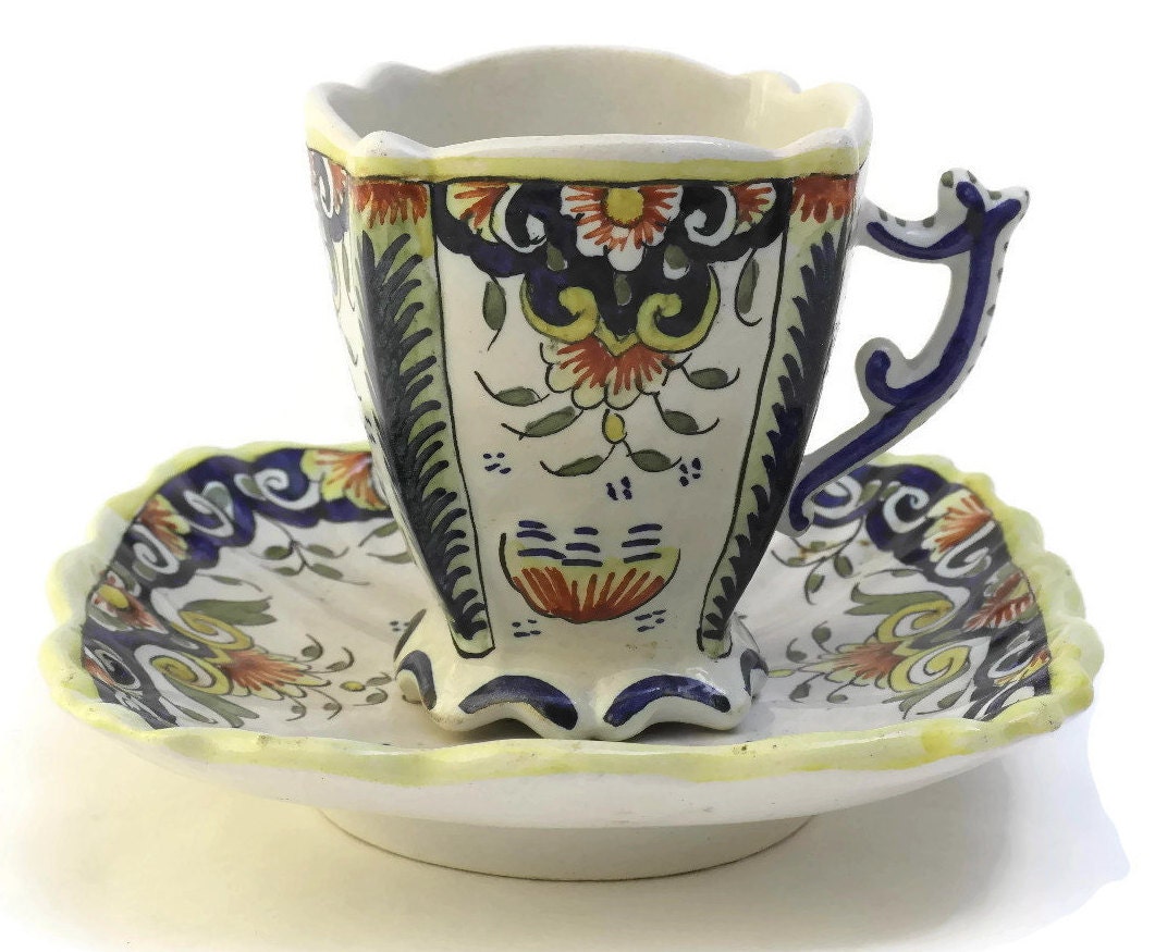 French Faience Cup & Saucer Set. Rouen Pottery Hand Painted Blue and