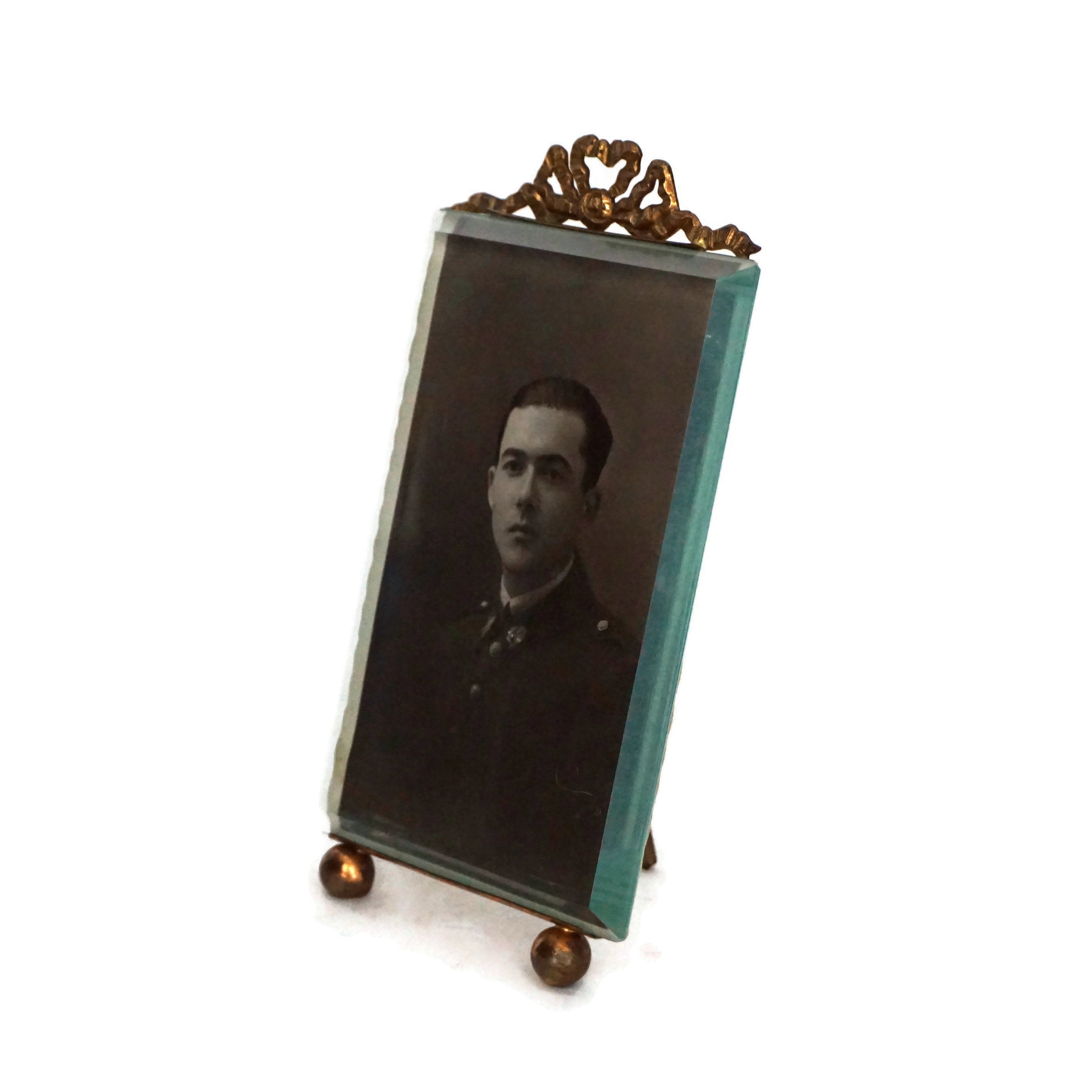 French Antique Photo Frame with Ribbon and Beveled Glass, Soldier Portrait