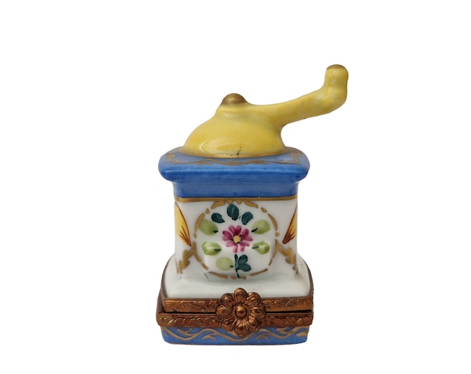 Limoges Miniature Coffee Mill Pill Box, Hand Painted Collectible French Porcelain Snuffox