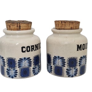 1970s Pottery Kitchen Crock Jar Set with Scandinavian Style Blue Leaf by LML in Palma Pattern, French Mustard & Pickle Stoneware Canisters image 2