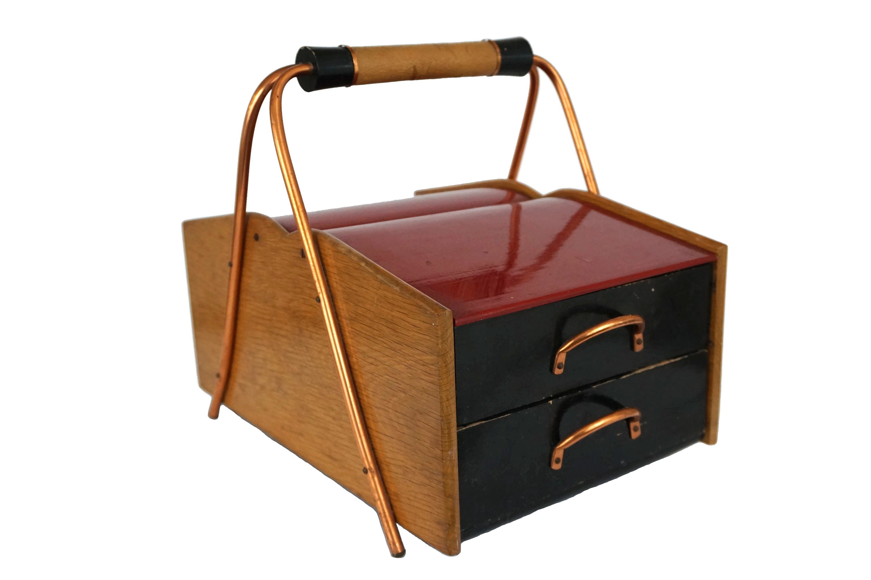 Mid Century Wooden Sewing Box with Copper Handles, Needlework and Craft