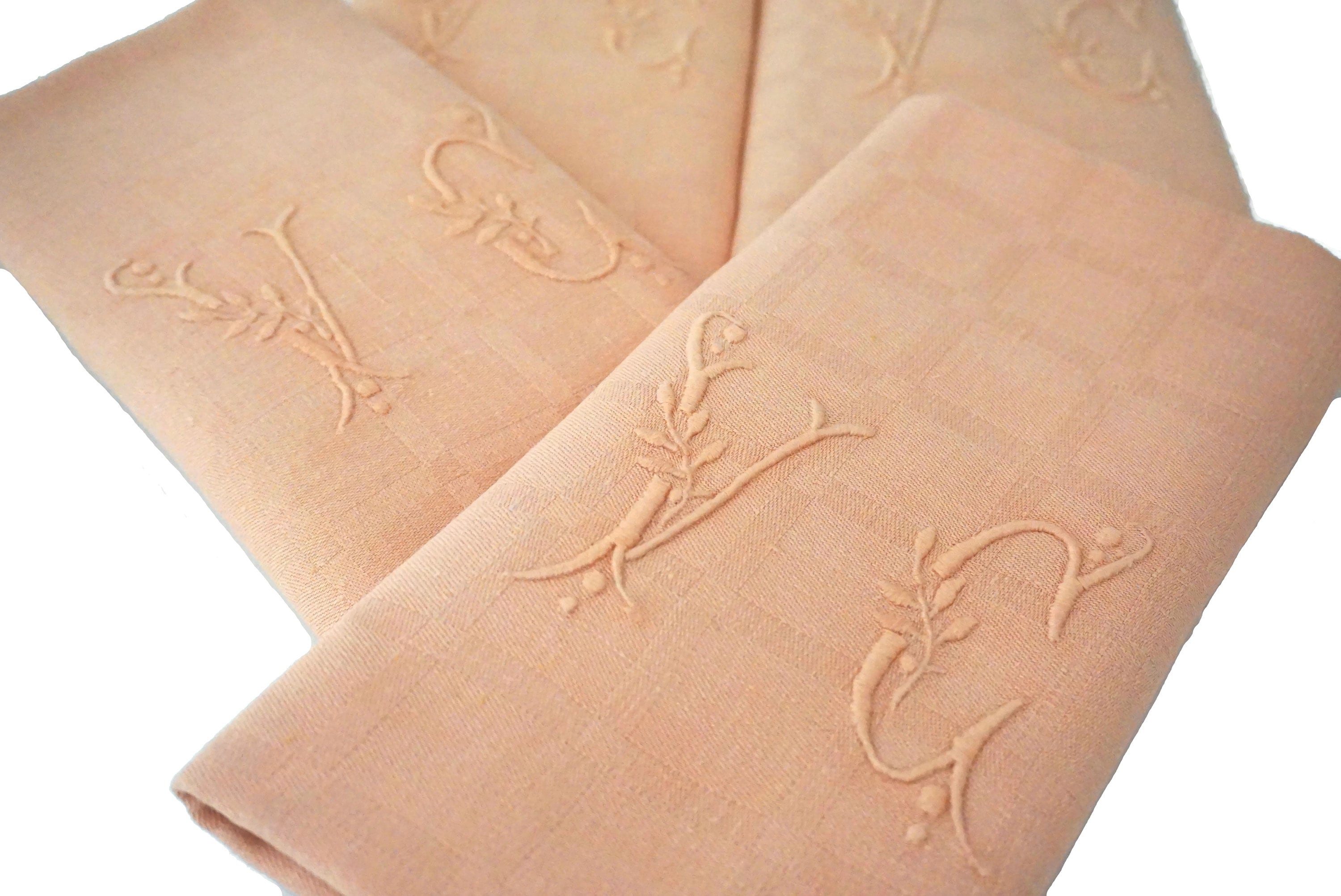 Antique French Linen Napkins, Set of 6, Pastel Peach Monogram