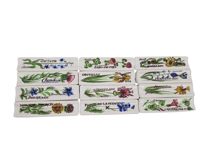 Vintage French Ceramic Cutlery and Knife Rests with Wild Field Flowers, Set of 12, Provencal Home and Table Decor