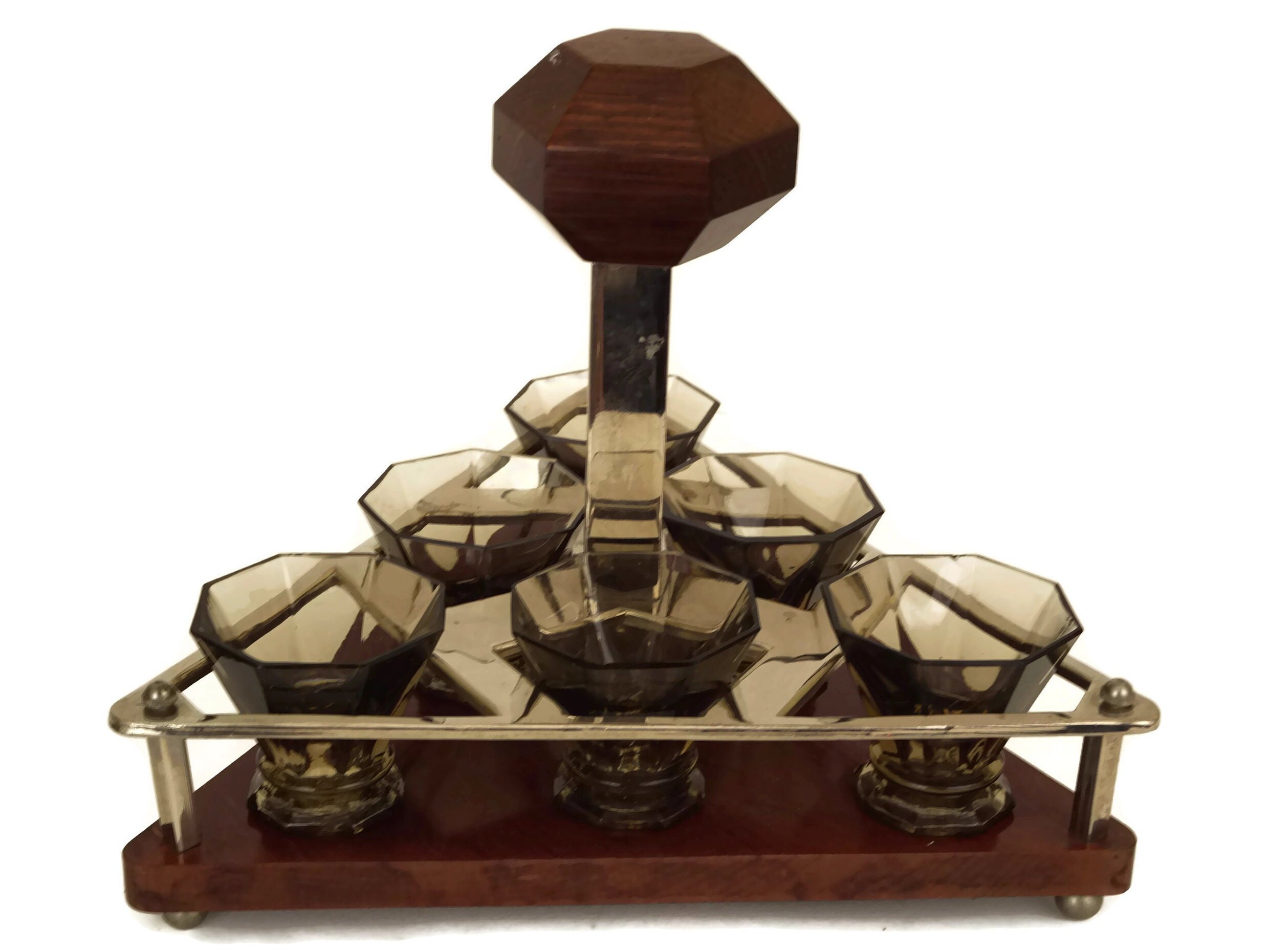 Art Deco Barware Shot Glasses Set in Chrome and Wood Serving Tray
