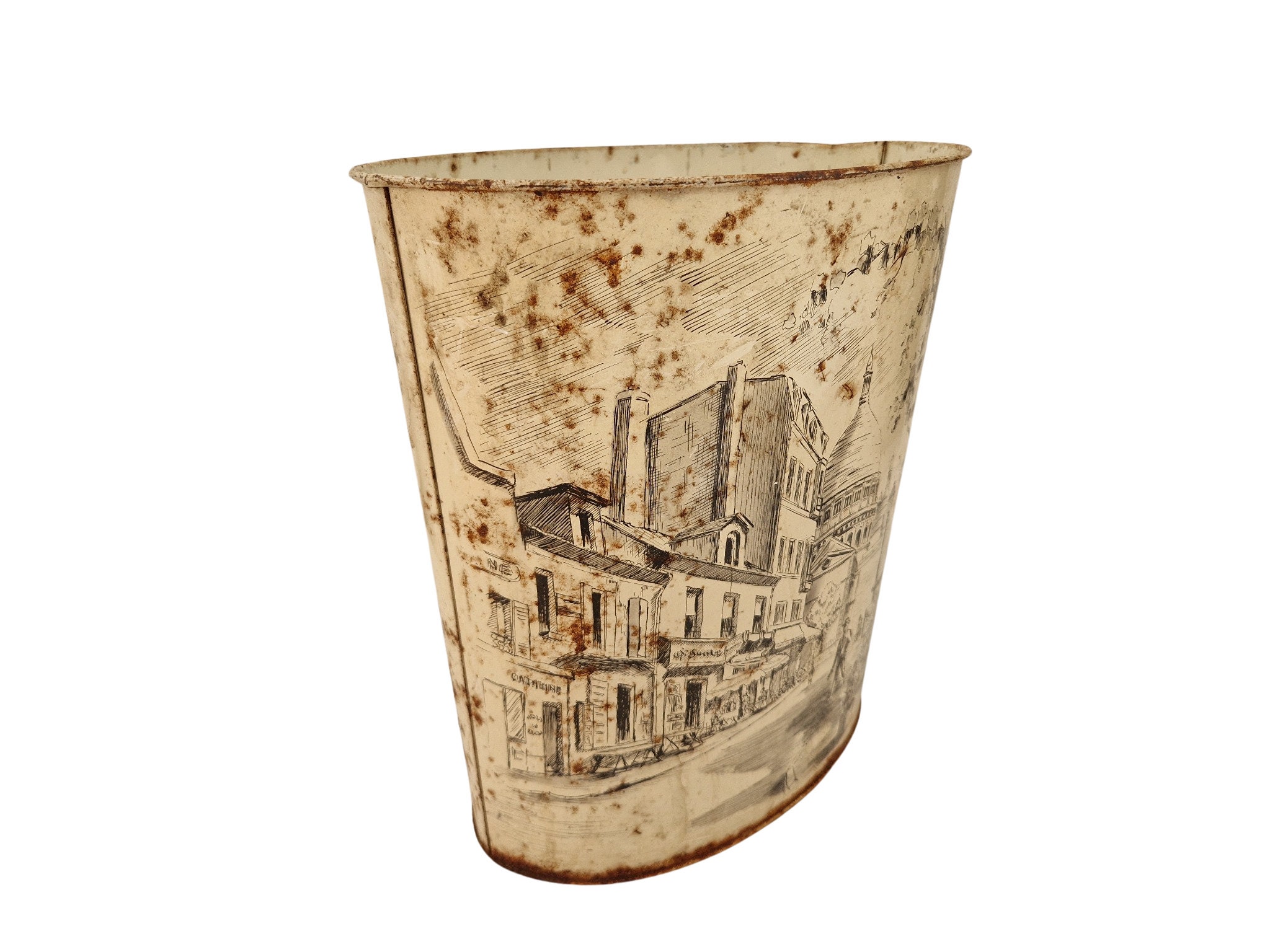 Vintage Shabby French Tole Waste Basket with Montmartre Paris Landscape