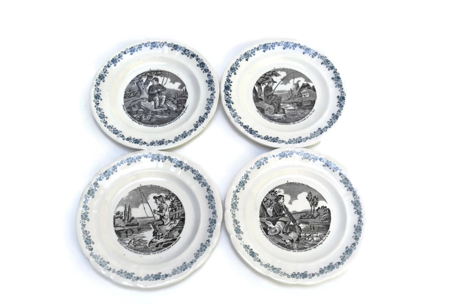 French Transferware Plates Set of 12. Antique Fishing Decor Collector  Plate. Assiette Parlante French Longwy Pottery. French Talking Plates.