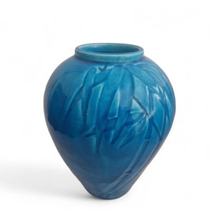 Turquoise Ceramic Vase with Bamboo Leaf Decor