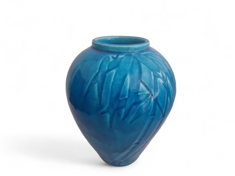 Turquoise Ceramic Vase with Bamboo Leaf Decor