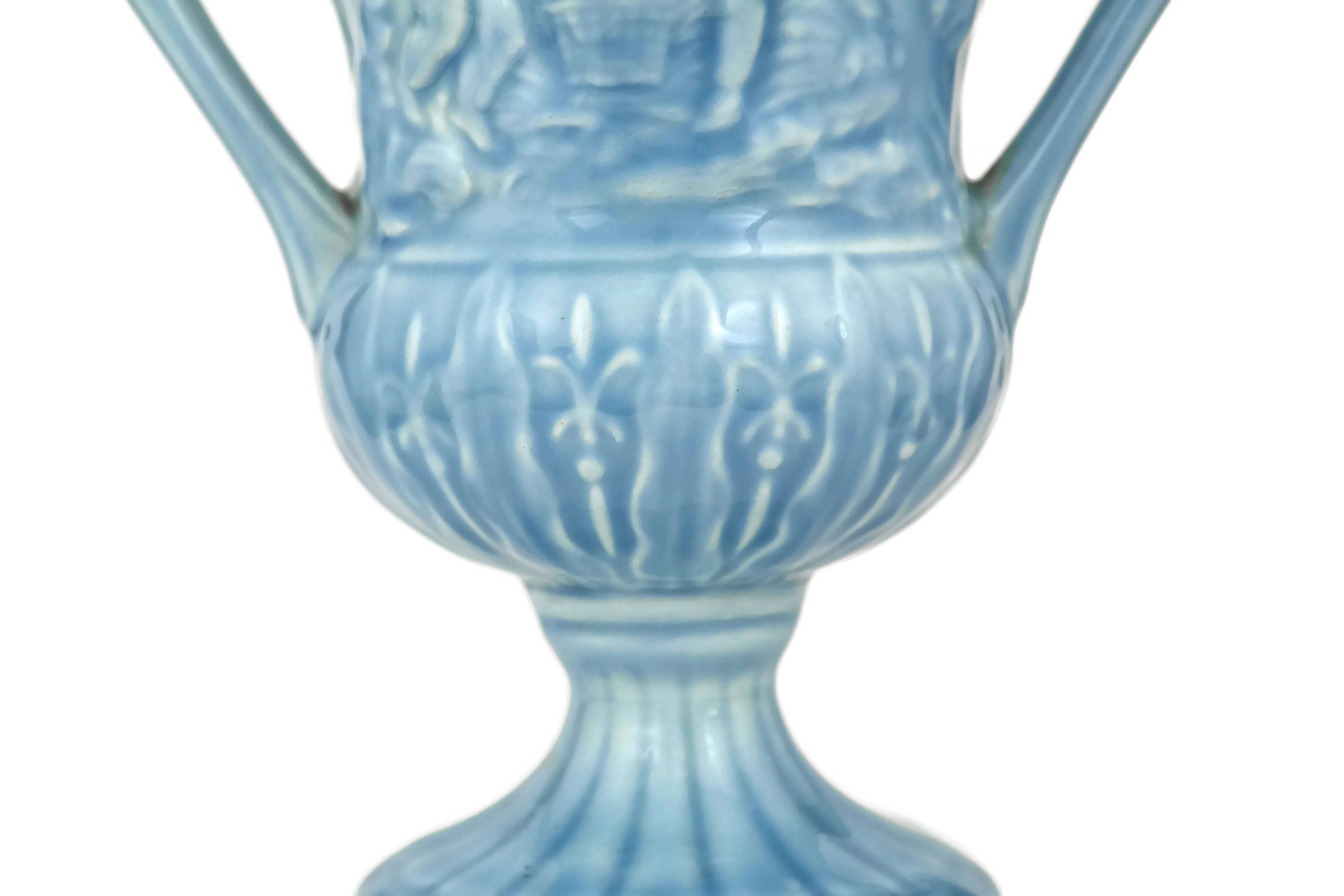Classical Urn Vase with Cherub figures. Vintage Blue Glazed planter