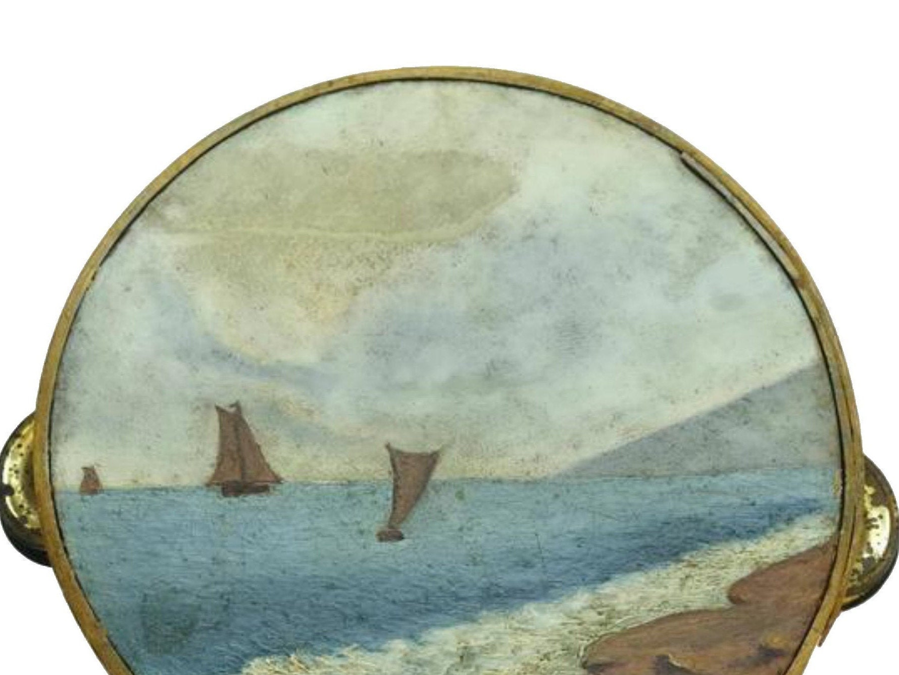Antique French Hand Painted Tambourine, Seascape Painting with Sailing