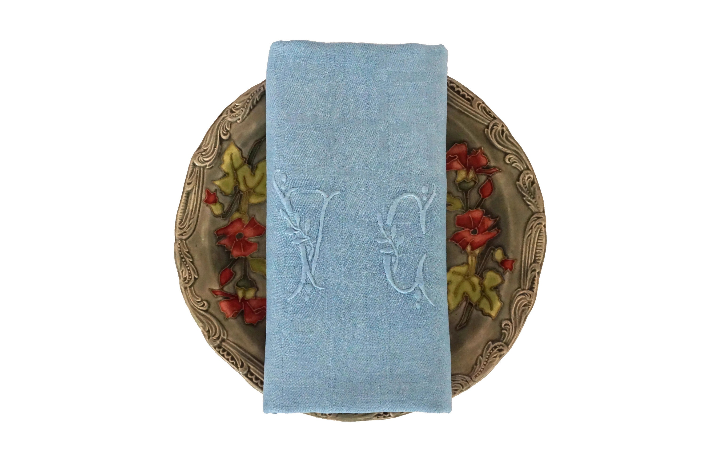 Antique French Linen Napkins, Set of 6, Sky Blue Monogram Serviettes